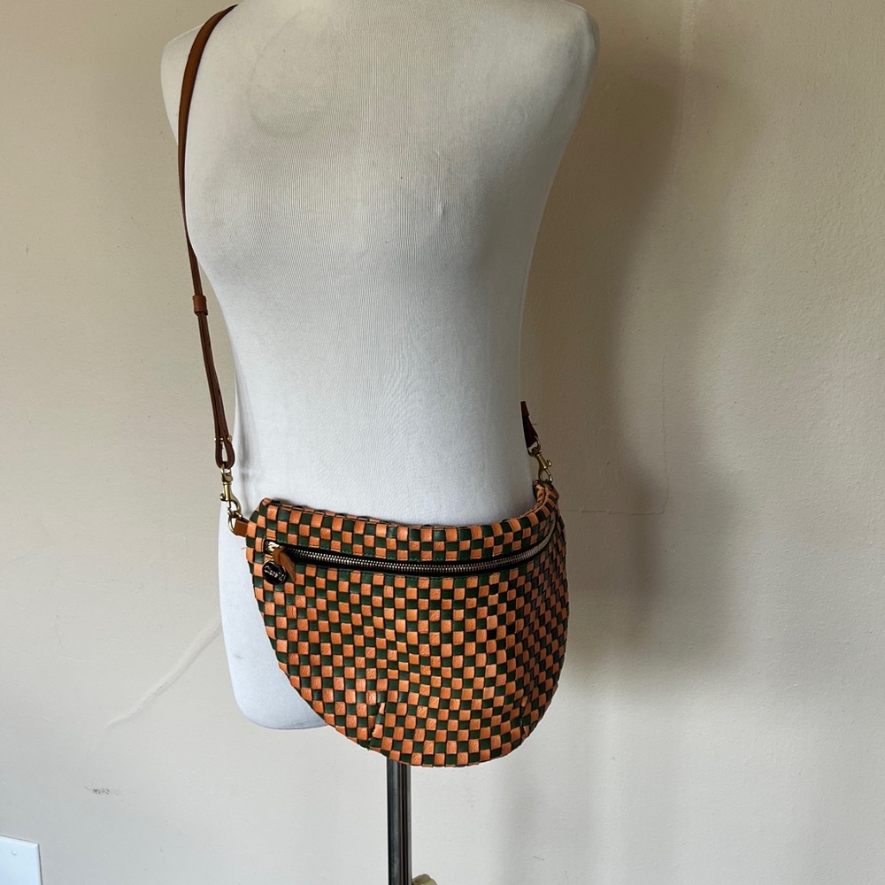 Clare V Grande Fanny Safari Green & Coral Woven Checker Extra Long Strap